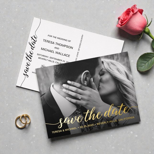 Gold foil Save the date Photo Wedding Modern Foil Invitation Postcard (Creator Uploaded)