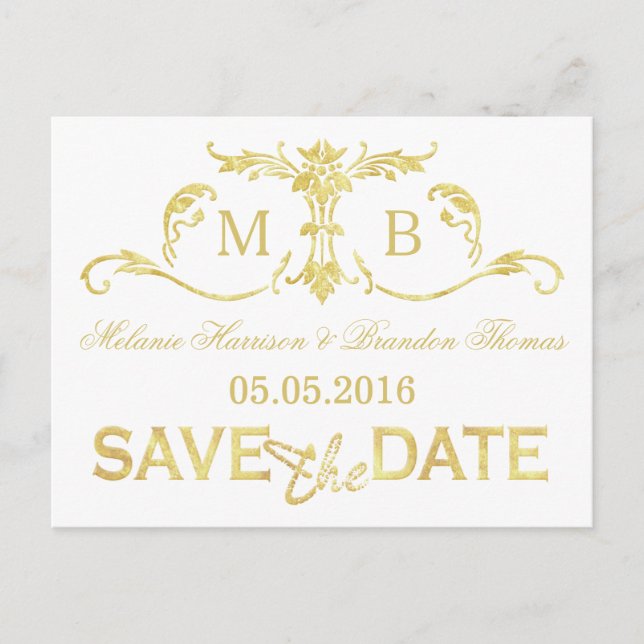 Gold foil Save the Date postcards gold wedding set (Front)
