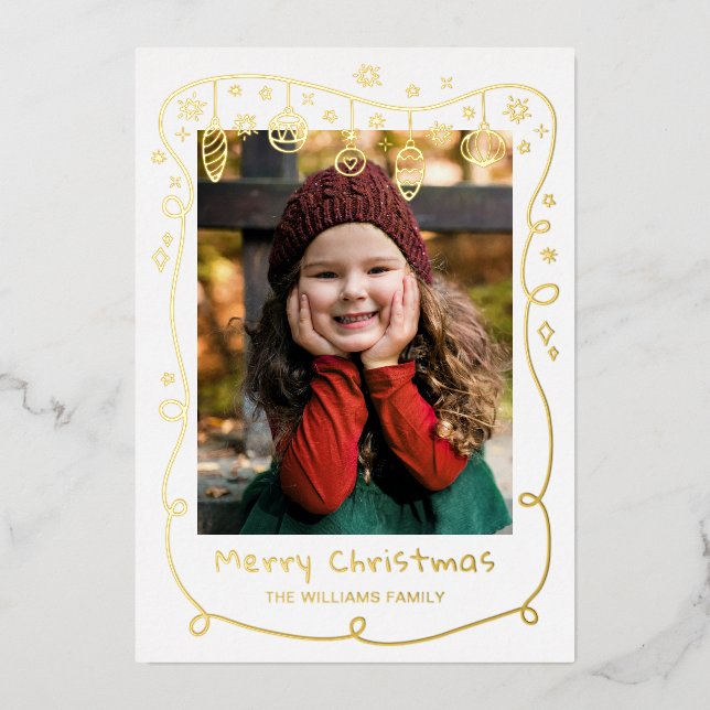 Gold Foil Scribbled Baubles Photos Merry Christmas Holiday Card (Front)