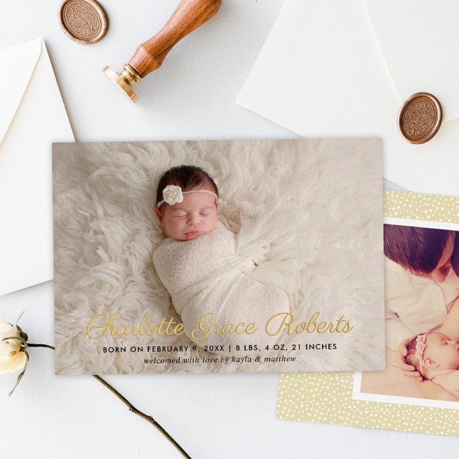 Gold Foil Script Baby Photo Birth Announcement (Creator Uploaded)