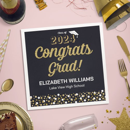 Gold Foil Script Confetti Congrats Grad Black Napkins