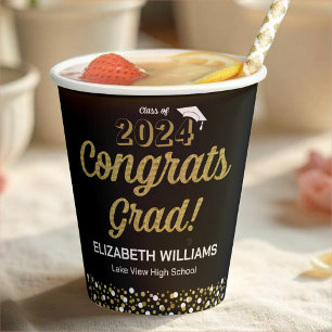 Gold Foil Script Confetti Congrats Grad Black Paper Cups