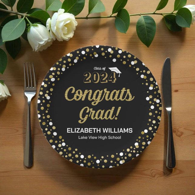 Gold Foil Script Confetti Congrats Grad Black Paper Plates (Creator Uploaded)