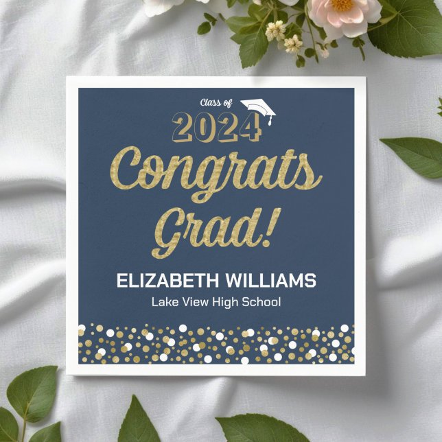 Gold Foil Script Confetti Congrats Grad Blue Napkins (Creator Uploaded)