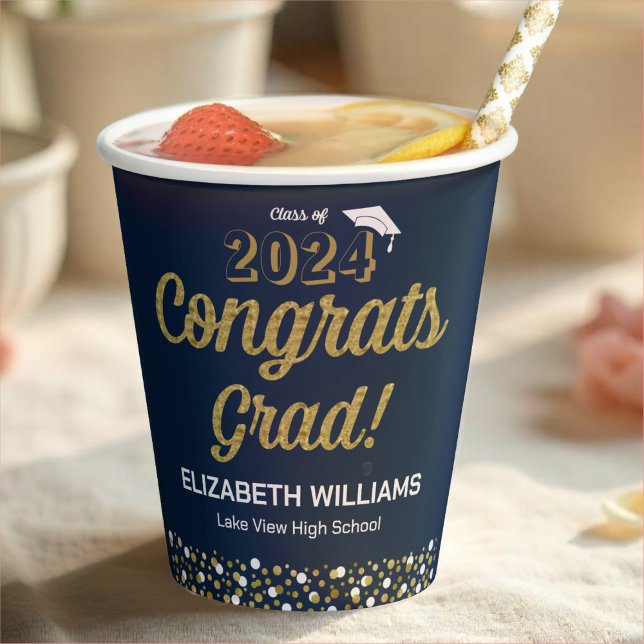 Gold Foil Script Confetti Congrats Grad Blue Paper Cups (Creator Uploaded)