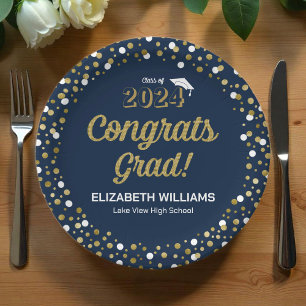 Gold Foil Script Confetti Congrats Grad Blue Paper Plates