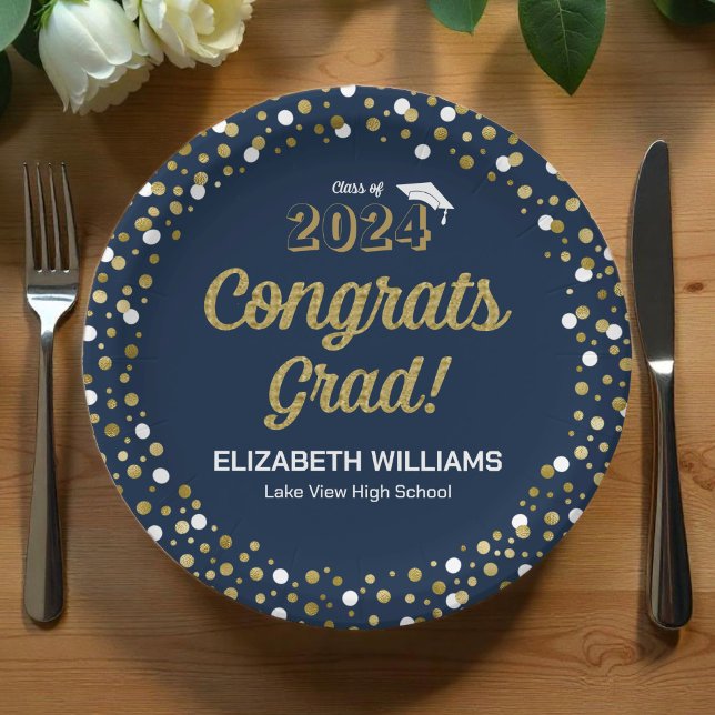 Gold Foil Script Confetti Congrats Grad Blue Paper Plates (Creator Uploaded)