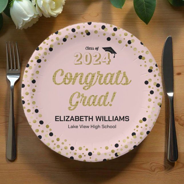 Gold Foil Script Confetti Congrats Grad Pink Paper Plates (Creator Uploaded)
