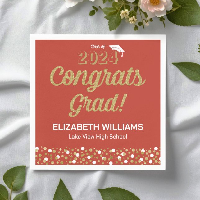 Gold Foil Script Confetti Congrats Grad Red Napkins (Creator Uploaded)
