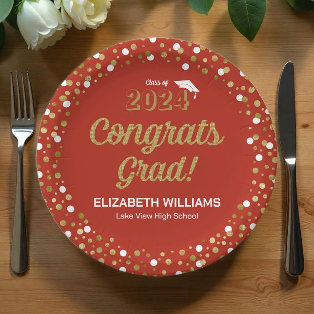 Gold Foil Script Confetti Congrats Grad Red Paper Plates (Creator Uploaded)