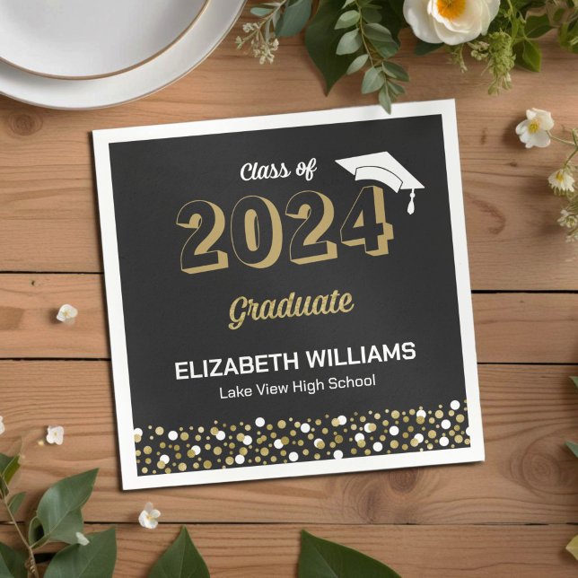 Gold Foil Script Confetti Graduation Party Black Napkins (Creator Uploaded)