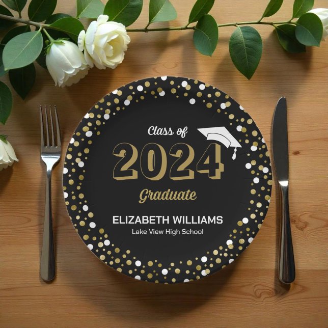 Gold Foil Script Confetti Graduation Party Black Paper Plates (Creator Uploaded)