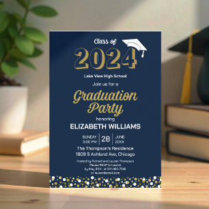 Gold Foil Script Confetti Graduation Party Blue Invitation