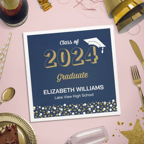 Gold Foil Script Confetti Graduation Party Blue Napkins