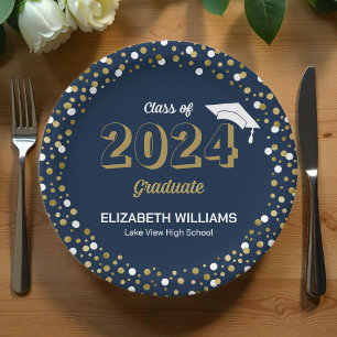 Gold Foil Script Confetti Graduation Party Blue Paper Plates
