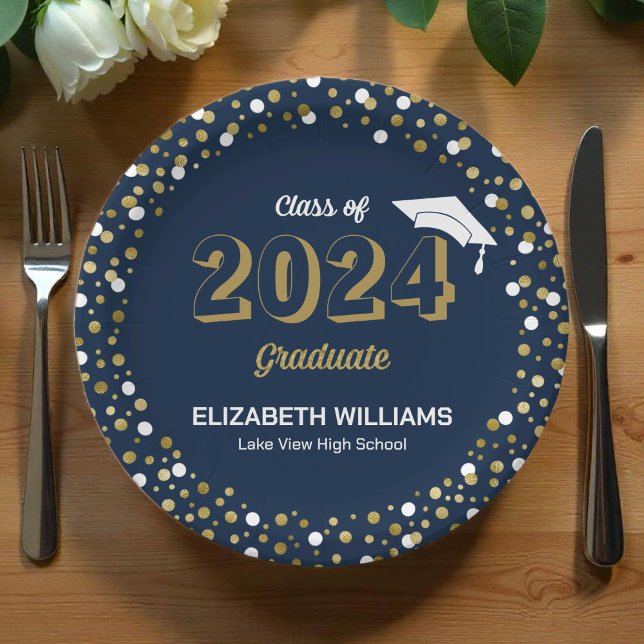 Gold Foil Script Confetti Graduation Party Blue Paper Plates (Creator Uploaded)
