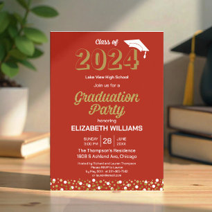 Gold Foil Script Confetti Graduation Party Red Invitation