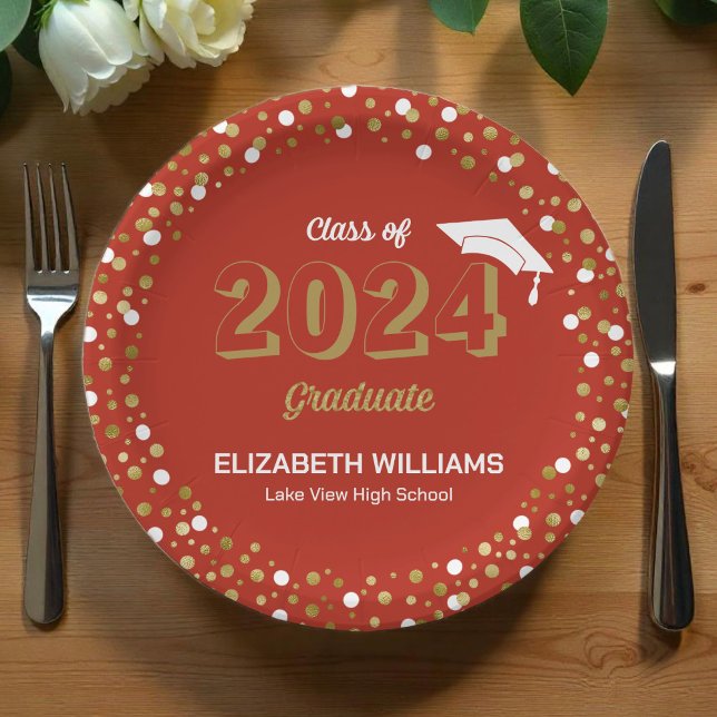 Gold Foil Script Confetti Graduation Party Red Paper Plates (Creator Uploaded)