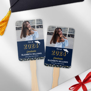 Gold Foil Script Confetti Photo Blue Grad Hand Fan