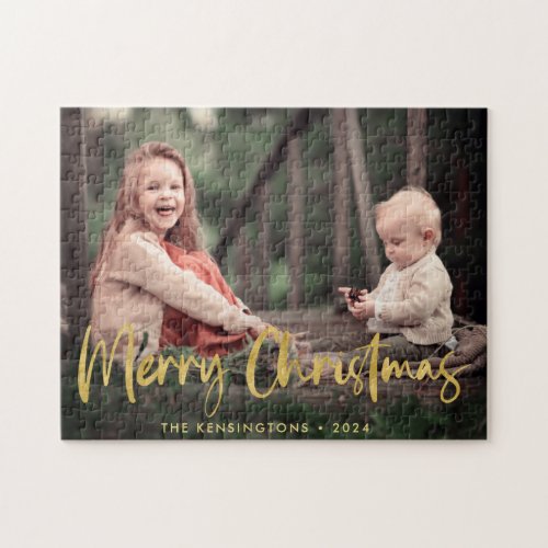 Gold Foil Script Merry Christmas Holiday Photo Jigsaw Puzzle