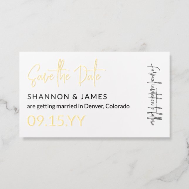 Gold Foil Script Petite Save the Date Business Cards (Front)
