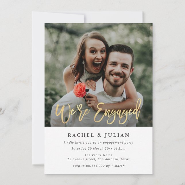 gold foil script photo engagement party invitation (Front)