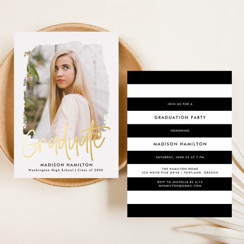 Gold Foil Script Photo Graduation Party Foil Invitation