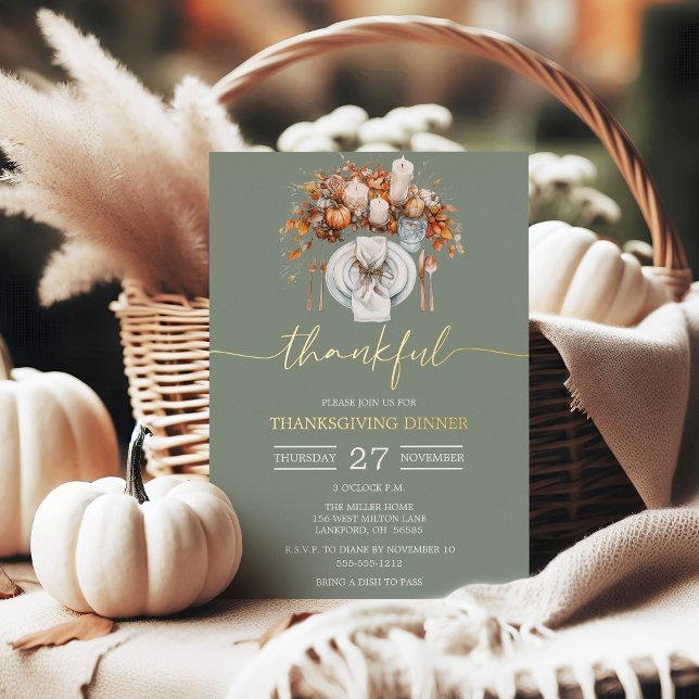 Gold Foil Script Thankful Thanksgiving Dinner Foil Invitation (Thankful Script Thanksgiving Dinner Invitation with Watercolor Place Setting)