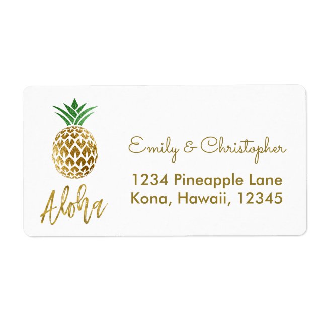 Gold Foil Script Wedding Aloha Pineapple Label (Front)