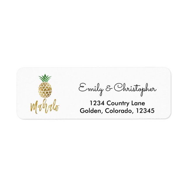 Gold Foil Script Wedding Mahalo Pineapple Label (Front)