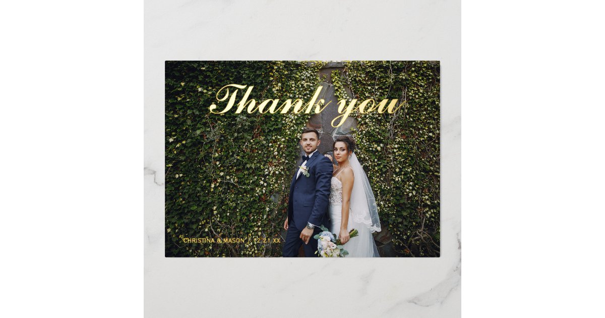 Gold foil script wedding photo thank you card | Zazzle