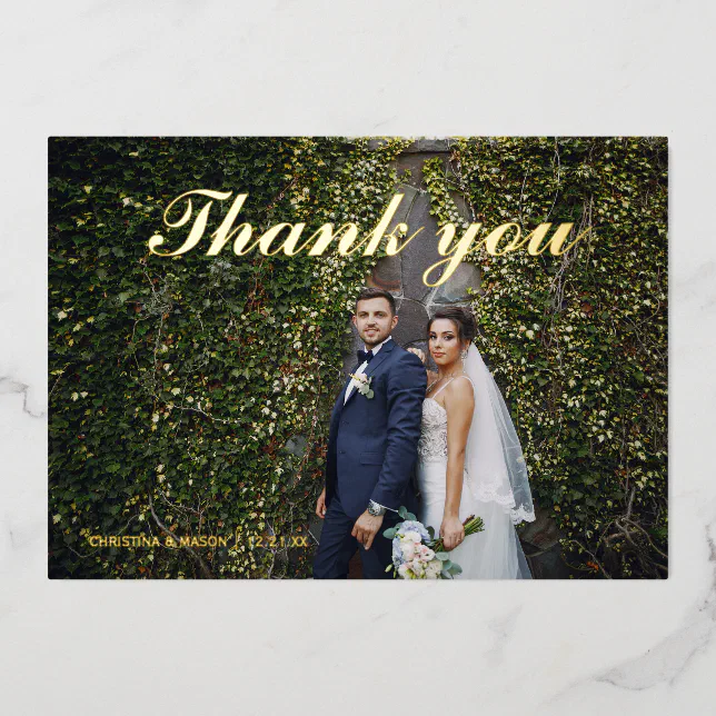 Gold foil script wedding photo thank you card | Zazzle