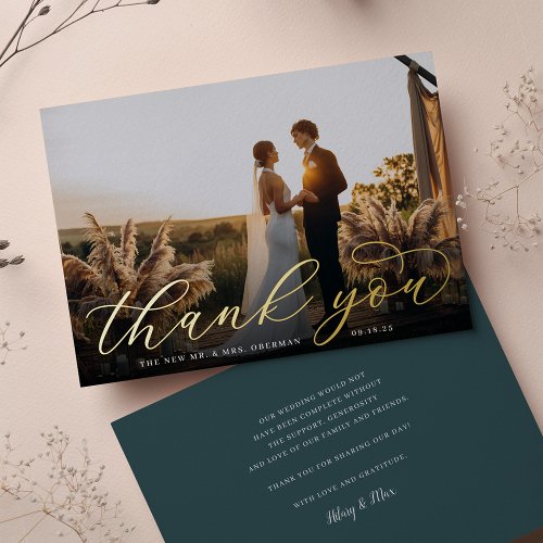Gold Foil Script Wedding Photo Thank You Card