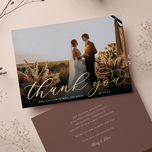Gold Foil Script Wedding Photo Thank You Card