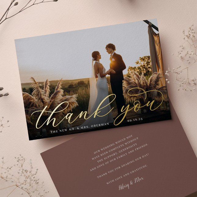 Gold Foil Script Wedding Photo Thank You Card (Creator Uploaded)