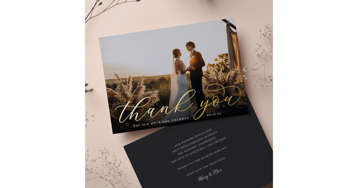 Gold Foil Script Wedding Photo Thank You Card | Zazzle