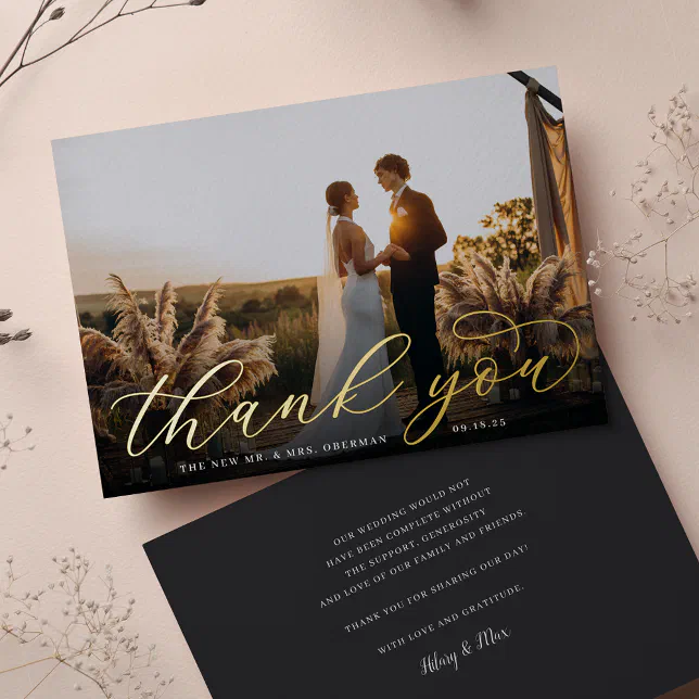 Gold Foil Script Wedding Photo Thank You Card | Zazzle