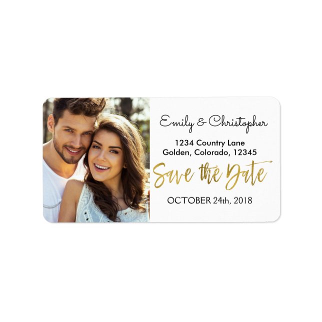 Gold Foil Script Wedding Save the Date Photo Label (Front)