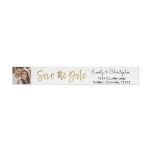 Gold Foil Script Wedding Save the Date Photo Wrap Around Address Label