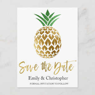 Gold Foil Script Wedding Save the Date Pineapple Announcement Postcard