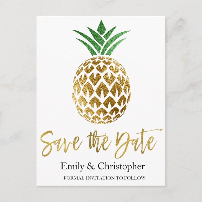 Gold Foil Script Wedding Save the Date Pineapple Announcement Postcard (Front)