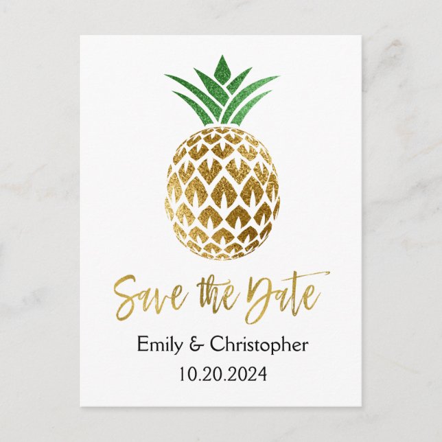 Gold Foil Script Wedding Save the Date Pineapple Announcement Postcard (Front)