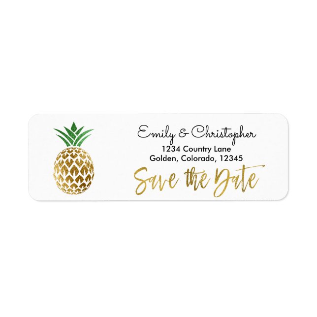Gold Foil Script Wedding Save the Date Pineapple Label (Front)