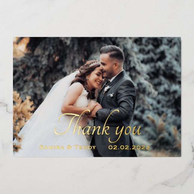 Gold foil script wedding thank you card (Front)