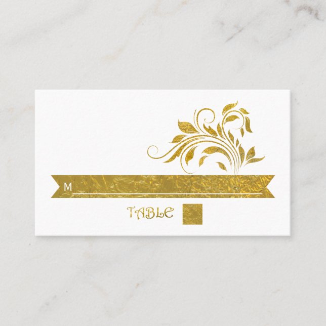 Gold foil scroll leaf floral wedding place card (Front)