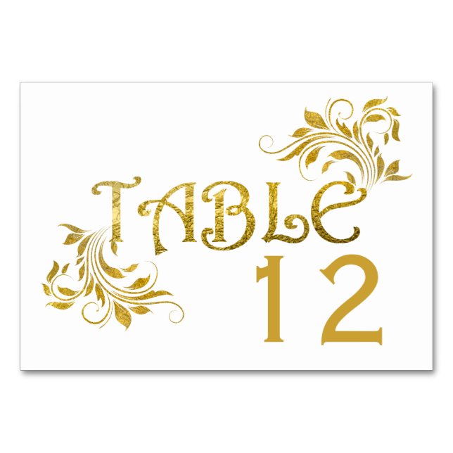 Gold foil scroll leaf floral wedding table number (Front)
