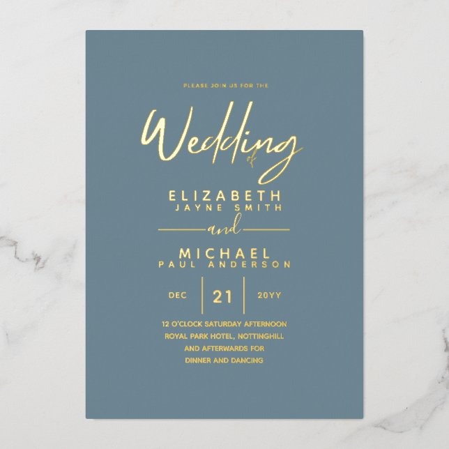 GOLD FOIL Sea Glass Blue Modern All-in-1 Wedding Foil Invitation (Front)