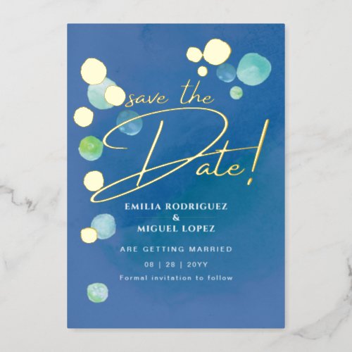 Gold Foil Sea Glass Teal Blue Wedding Dave Date Foil Invitation