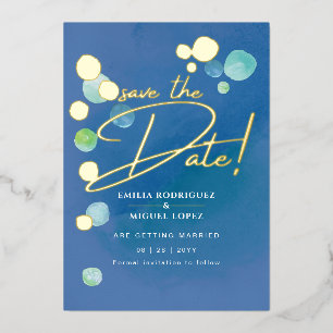 Gold Foil Sea Glass Teal Blue Wedding Dave Date Invitation
