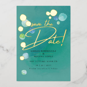 Gold Foil Sea Glass Teal Green Wedding Dave Date Foil Invitation